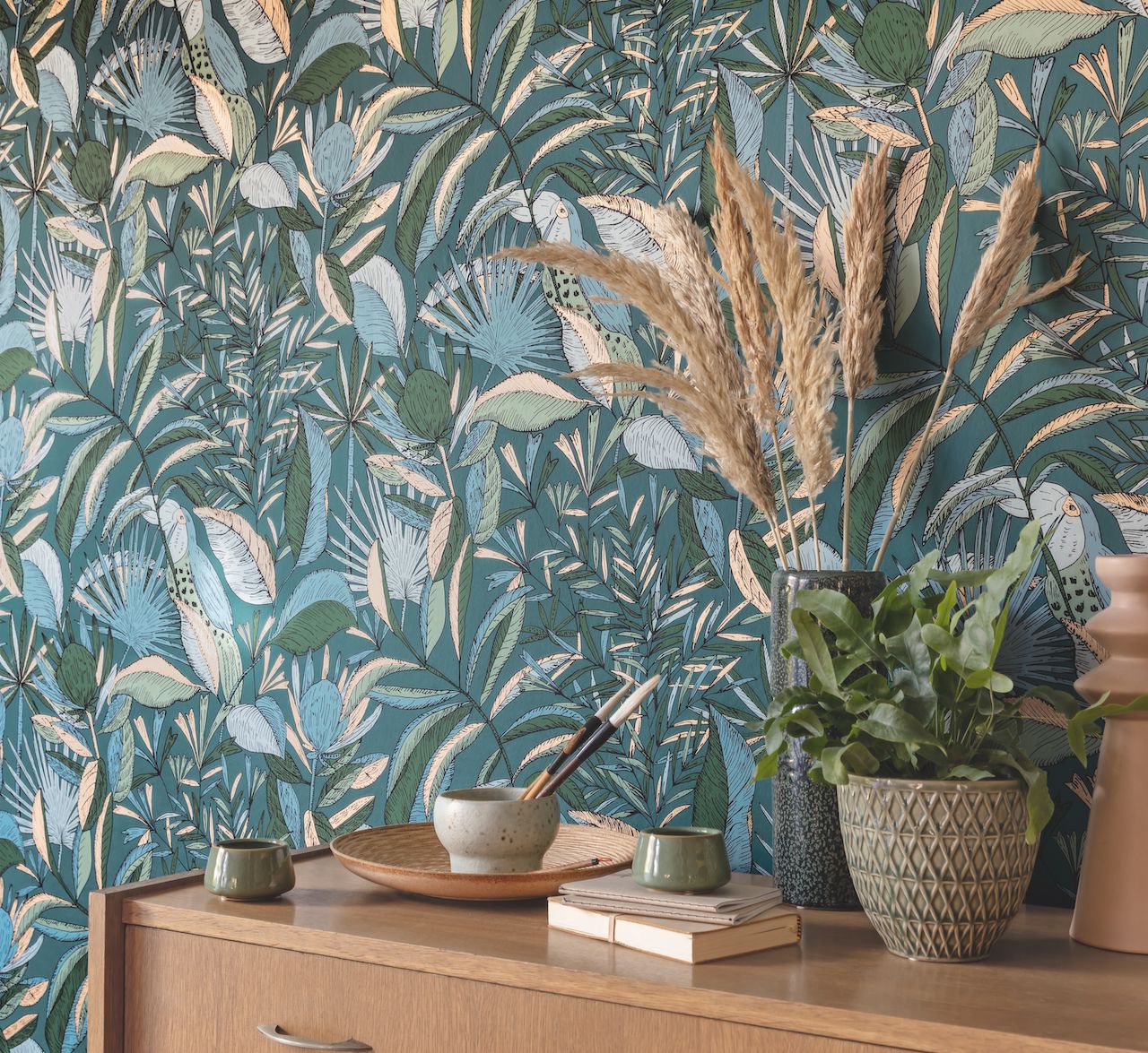 Vliesová tapeta na zeď Caselio 103016749, květy, listy, zvířata, modrá, zelená